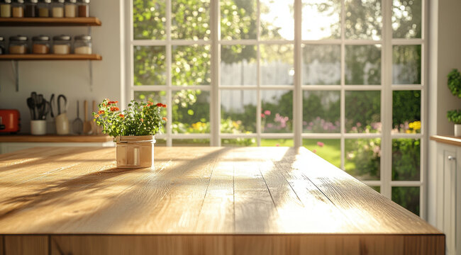 Sunny Kitchen Interior with Wooden Countertop