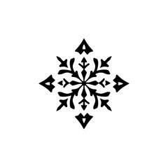 Intricate symmetrical black and white snowflake design with ornate, abstract, floral-inspired patterns on a plain background.