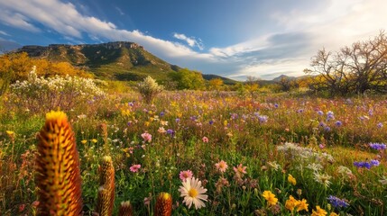 Fototapeta premium Scenic Landscape with Wildflowers and Mountains Under Sunny Sky