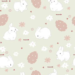Hand drawn bunnies, flowers and easter eggs. Seamless pattern with cute animals and eggs for Easter.