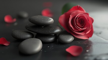 Black and gray zen stones with a red rose for a product presentation podium.