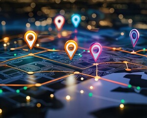 Photo of colorful pinpoints on a world map showing connection routes