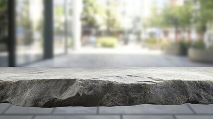Blank Stone table with blurred glass window backdrop for product display.