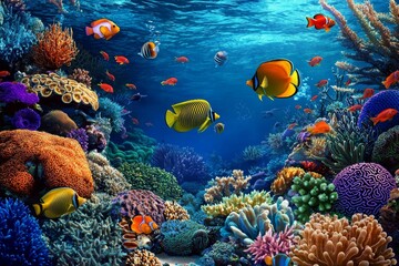Obraz premium Underwater scene featuring a lively coral ecosystem.