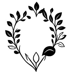 A symmetrical black and white floral arrangement depicting a stylized wreath of leaves, vines, and botanical elements.