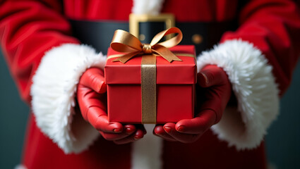 Flat Santa Claus Gloved Hands Holding a Gift Box: A Cute Vector Illustration Symbolizing Holiday Spirit, Generosity, and Festive Celebrations for Your Business Marketing Needs