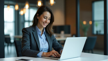Active Middle-Aged Businesswoman Analyzing Digital Banking Trends on Laptop in Professional Office