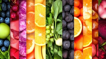 A vibrant rainbow of fruits and vegetables, showcasing the diversity in colors for healthy eating and dieting, with each color representing different types of fresh produce including green apples, yel