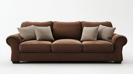 Fototapeta premium Brown fabric sofa with three seats on white background