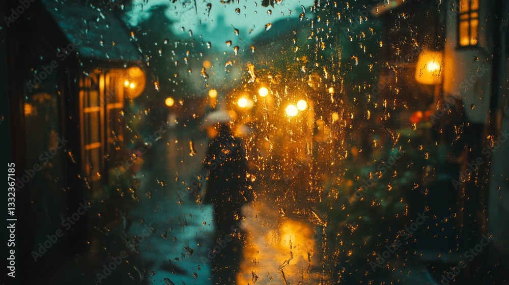 Poster a mesmerizing display of raindrops clings to a window, blurring the world outside. soft golden light
