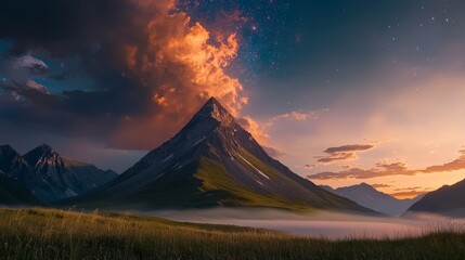 Fototapeta premium Majestic Mountain Landscape with Dramatic Sunset and Cloud Formation
