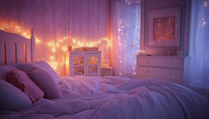Serene Bedroom Decor Fairy Lights, Cozy Bed, and White Furniture