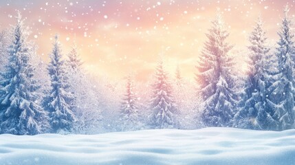Fototapeta premium Christmas and New Year greeting background with snowy winter landscape and trees.