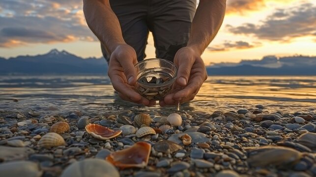 Person Collecting Shells by the Shore at Sunset