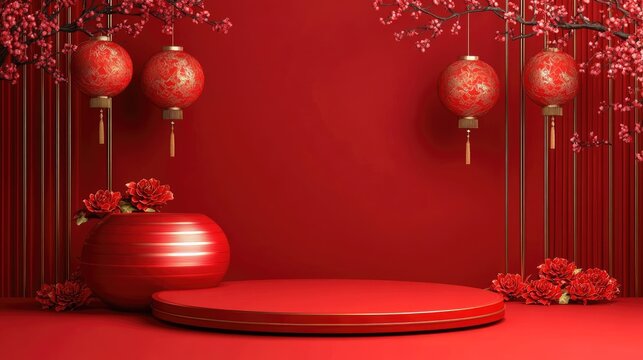 Chinese New Year podium on red abstract background, pedestal stage with copy space. Gong Xi Fa Cai. Basic stage.