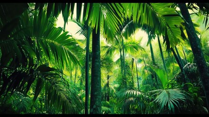 A panoramic view of the canopy from below, showcasing tall trees with lush green leaves in an expansive forest setting. The perspective is taken at eye level to capture the vastness and beauty of natu