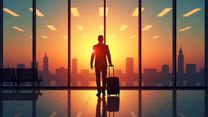 Flat Silhouette of a Traveler with Suitcase at Airport During Sunset: A Cute Vector Illustration Capturing the Spirit of Adventure and Exploration in a Smart Business Tone