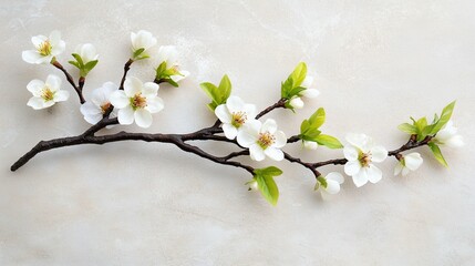 Obraz premium Elegant Cherry Blossom Branch with White Flowers and Green Leaves