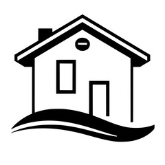 Simplified black and white illustration of a house with a chimney, two openings, set atop a stylized curved ground.