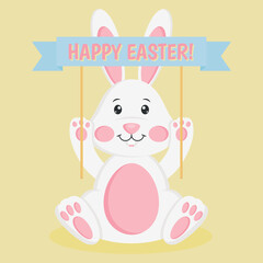 Easter greeting card with cute bunny on a light yellow background. Happy Easter greeting card.	