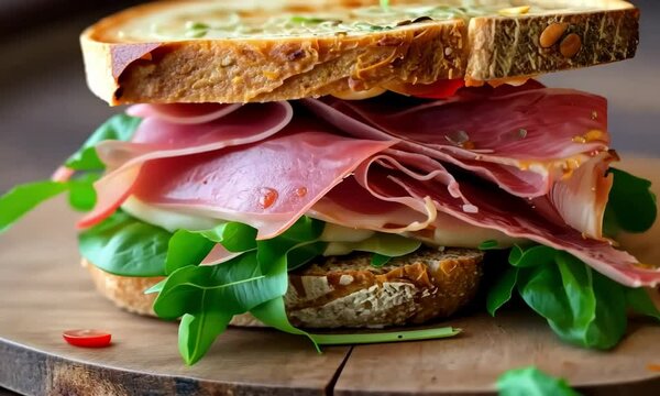 Close-up of Italian sandwich with mortadella, prosciutto and greens on rustic wooden board. Natural light, bokeh background.	