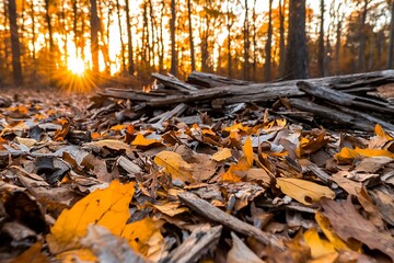 Obraz premium A serene forest scene at sunset with fallen leaves and logs.