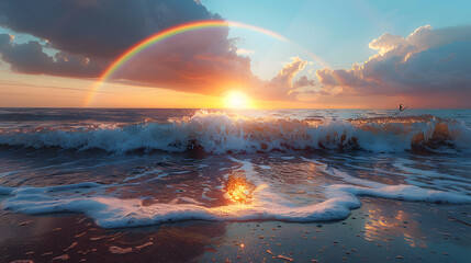 Vibrant sunset over ocean waves with a rainbow arching across the sky and a silhouette of a surfer