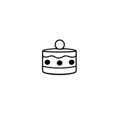 Minimalist Black and White Icon of a Layered Cake, Featuring Dots and a Ball Ornament on Top, Set Against a White Background.
