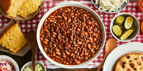 Delicious bowl of hearty chili, served with cornbread, coleslaw, and pickles. Perfect for a casual get-together or comforting meal.