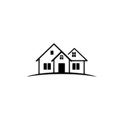 Minimalist Black and White Line Art Depicting a Trio of Houses on a Gentle Hill, Suitable for Real Estate Branding.