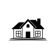 Minimalist monochrome house illustration with chimney, arched window, and symmetrical design on a white background.