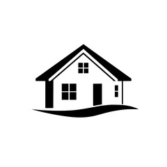 Minimalist Black and White Illustration of a Simple House with Windows and a Door, Set on a Wavy Ground