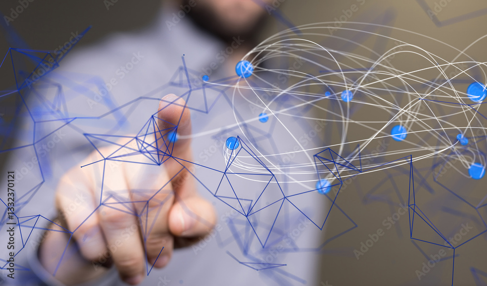 Aufkleber Global network. Blockchain. 3D illustration. Neural networks and artificial intelligence. Abstract  - neural network exposure digital