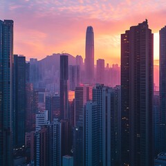 Obraz premium Modern skyscrapers at sunrise with a majestic golden glow high resolution picture