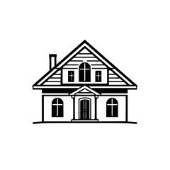 Clean, symmetrical black and white illustration of a two-story house with a gabled roof, arched windows, and a chimney.