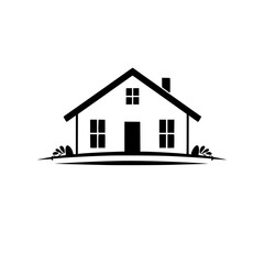 Simple, minimalist black and white house logo design with windows, door, chimney, and stylized grass on white background.