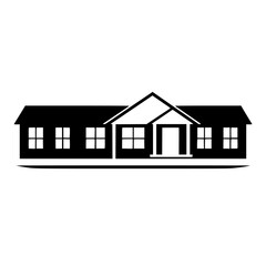 Minimalist black and white vector illustration of a suburban single-story house with a gabled roof, windows and an open doorway against a white background.