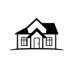Black and White House Illustration: Simple, Clean Design of a Gabled Roof Home, with Windows and Door, Isolated on White Background.