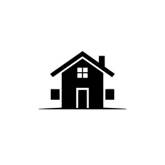 Minimalist Black & White House Logo: Geometric Design of a Simplified Home with Windows and Chimney Against a White Backdrop.
