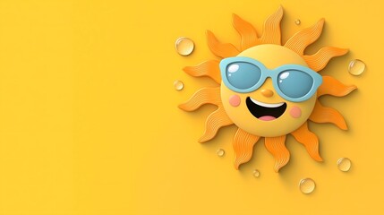 Cheerful Cartoon Sun with Sunglasses & Water Drops on Yellow Background - Summer Fun Illustration.
