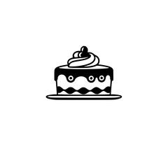Minimalist Black and White Illustration of a Single-Layered Cake with Icing Swirls and Decorative Details on a Simple Plate, Isolated