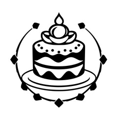 Stylized Black and White Cake Graphic: Decorated Layered Dessert with Orb Topping, Circular Frame, and Diamond Accents.