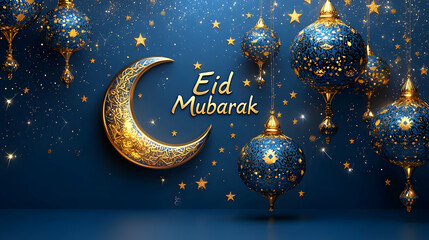 Serene Islamic Eid Mubarak Banner with Gold and Blue Ornaments