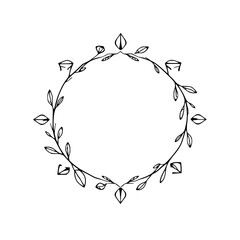 Elegant Black Line Art Circular Wreath with Leafy Twigs, Embellished with stylized floral Elements on a White Backdrop.