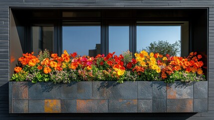 Fototapeta premium Colorful flower box on modern building exterior