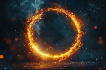 Fototapeta premium A bright fiery circular energy field glows in darkness vividly