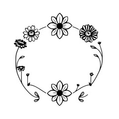 A delicate black and white floral wreath illustration, featuring detailed daisies and buds, artfully arranged in a circular frame.