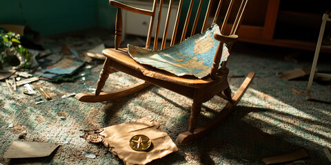 Rocking Chair, Map, Compass, and Debris on Carpeted Floor