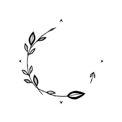 Minimalist Botanical Illustration: A Black, Curving Vine with Leaves and Directional Elements on White Background. © MatandSterre