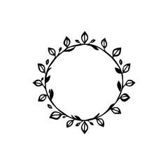 Elegant minimalist black and white circular wreath composed of stylized leaves and delicate vines on a clean, empty backdrop.